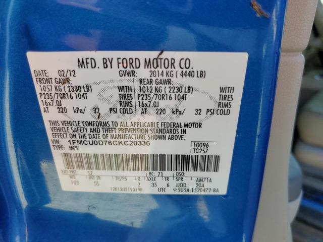 Photo 10 from auction – 2012 FORD ESCAPE XLT with VIN 1FMCU0D76CKC20336