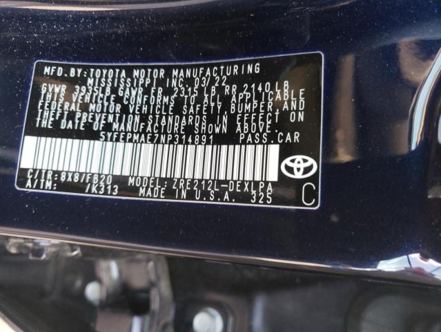 Photo 10 from auction – 2022 TOYOTA COROLLA LE with VIN 5YFEPMAE7NP314891
