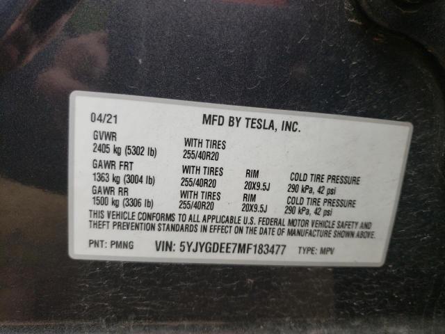 Photo 10 from auction – 2021 TESLA MODEL Y with VIN 5YJYGDEE7MF183477