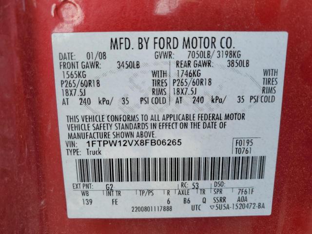 Photo 10 from auction – 2008 FORD F150 SUPER with VIN 1FTPW12VX8FB06265