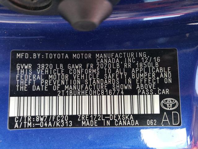 Photo 10 from auction – 2017 TOYOTA COROLLA L with VIN 2T1BURHE0HC816774