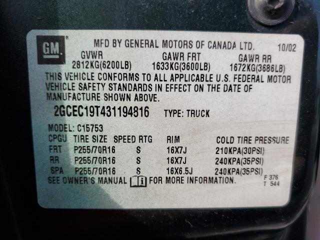 Photo 10 from auction – 2003 CHEVROLET SILVERADO with VIN 2GCEC19T431194816