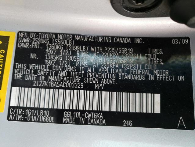 Photo 10 from auction – 2010 LEXUS RX 350 with VIN 2T2ZK1BA5AC003329
