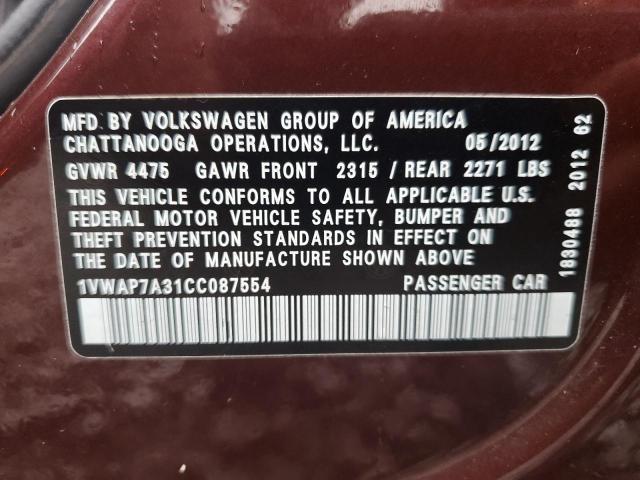 Photo 10 from auction – 2012 VOLKSWAGEN PASSAT S with VIN 1VWAP7A31CC087554