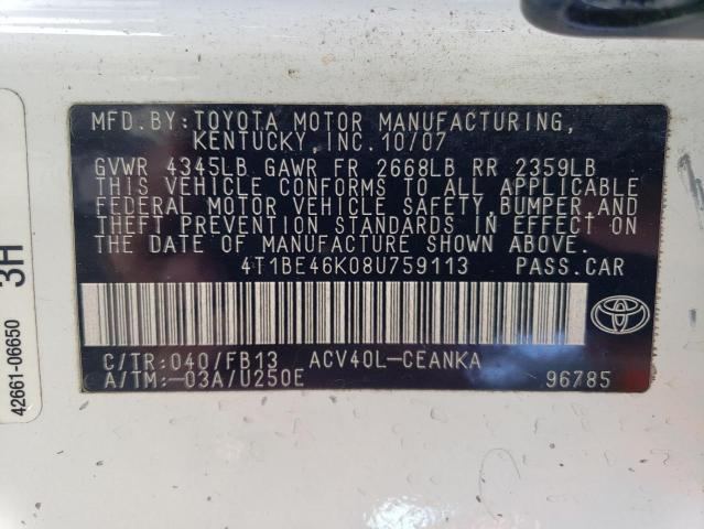 Photo 10 from auction – 2008 TOYOTA CAMRY CE with VIN 4T1BE46K08U759113