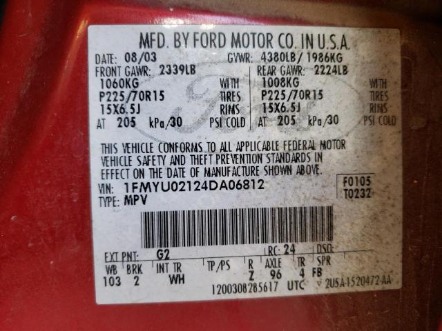 Photo 10 from auction – 2004 FORD ESCAPE XLS with VIN 1FMYU02124DA06812
