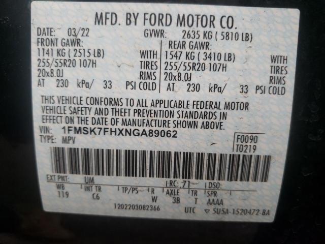 Photo 10 from auction – 2022 FORD EXPLORER L with VIN 1FMSK7FHXNGA89062