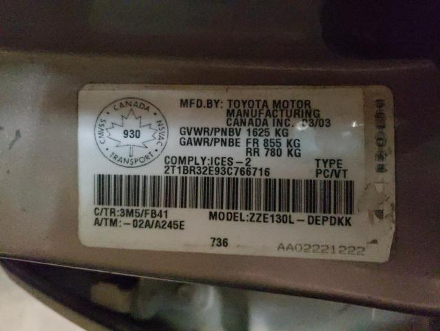Photo 10 from auction – 2003 TOYOTA COROLLA CE with VIN 2T1BR32E93C766716