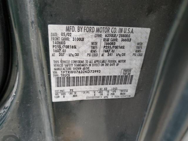 Photo 10 from auction – 2002 FORD F150 SUPER with VIN 1FTRW07632KD73993