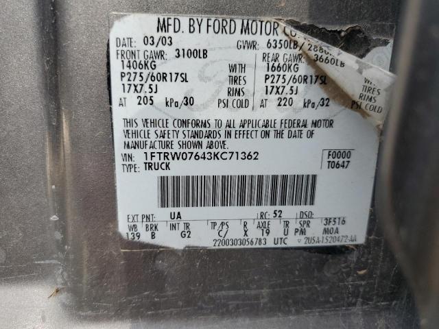 Photo 10 from auction – 2003 FORD F150 SUPER with VIN 1FTRW07643KC71362