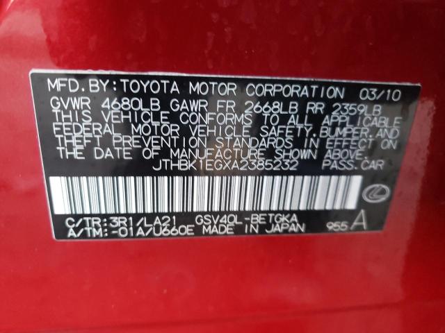 Photo 10 from auction – 2010 LEXUS ES 350 with VIN JTHBK1EGXA2385232