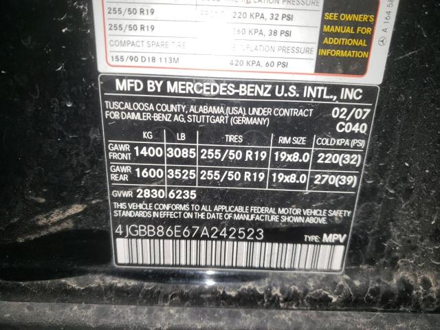 Photo 10 from auction – 2007 MERCEDES-BENZ ML 350 with VIN 4JGBB86E67A242523