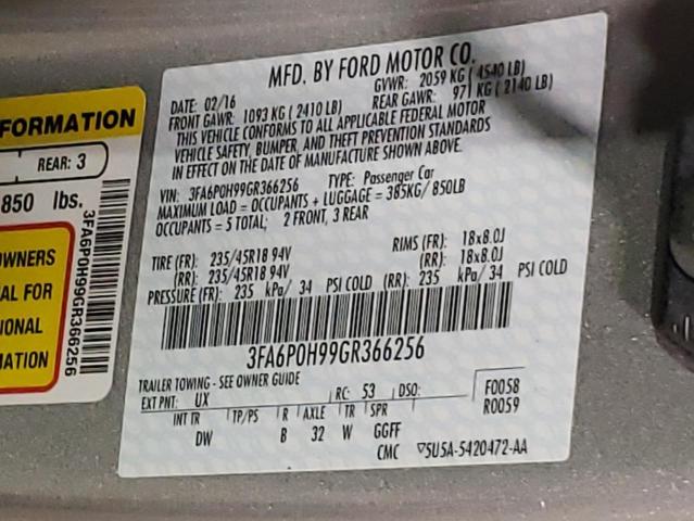 Photo 10 from auction – 2016 FORD FUSION SE with VIN 3FA6P0H99GR366256