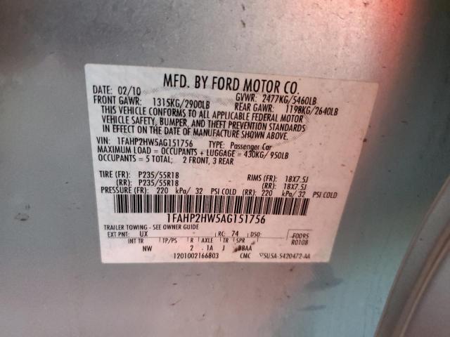 Photo 10 from auction – 2010 FORD TAURUS SEL with VIN 1FAHP2HW5AG151756