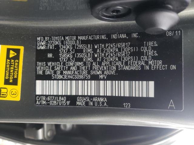 Photo 10 from auction – 2012 TOYOTA HIGHLANDER with VIN 5TDBK3EH4CS098759