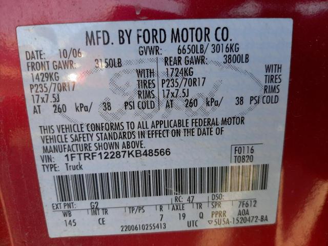 Photo 10 from auction – 2007 FORD F150 with VIN 1FTRF12287KB48566