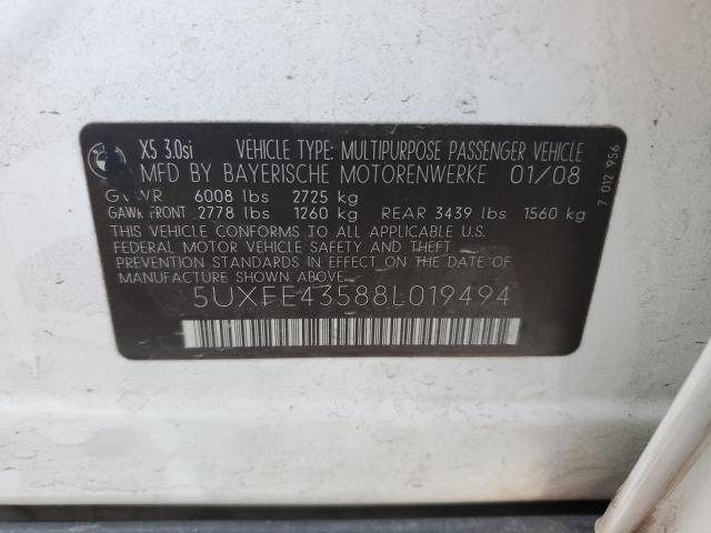Photo 10 from auction – 2008 BMW X5 3.0I with VIN 5UXFE43588L019494