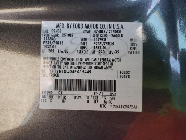 Photo 10 from auction – 2004 FORD RANGER with VIN 1FTYR10U04PA15449