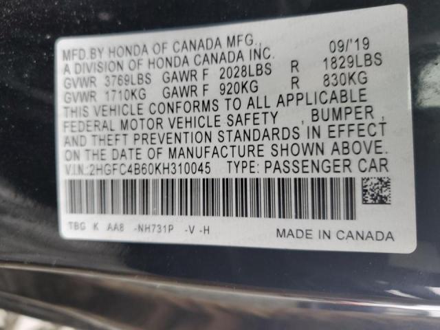 Photo 10 from auction – 2019 HONDA CIVIC LX with VIN 2HGFC4B60KH310045