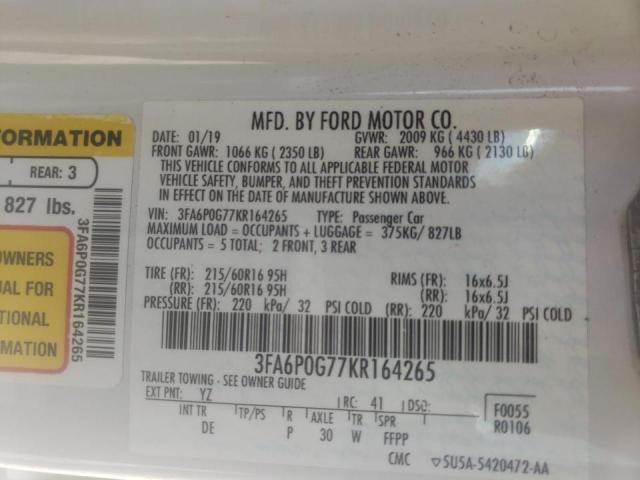 Photo 10 from auction – 2019 FORD FUSION S with VIN 3FA6P0G77KR164265