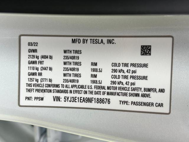 Photo 10 from auction – 2022 TESLA MODEL 3 with VIN 5YJ3E1EA9NF188676