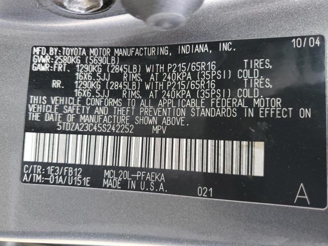 Photo 14 from auction – 2005 TOYOTA SIENNA CE with VIN 5TDZA23C45S242252