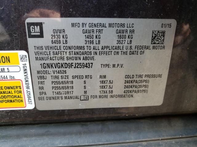 Photo 14 from auction – 2015 CHEVROLET TRAVERSE L with VIN 1GNKVGKD9FJ259437