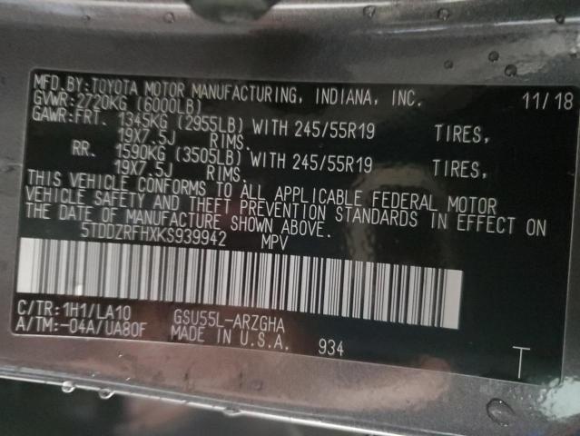 Photo 10 from auction – 2019 TOYOTA HIGHLANDER with VIN 5TDDZRFHXKS939942