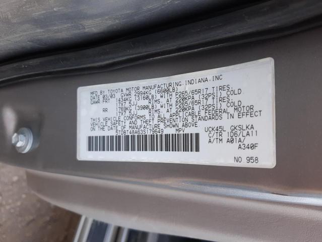Photo 10 from auction – 2003 TOYOTA SEQUOIA LI with VIN 5TDBT48A63S179649