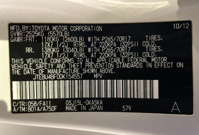 Photo 10 from auction – 2013 TOYOTA FJ CRUISER with VIN JTEBU4BF0DK154557