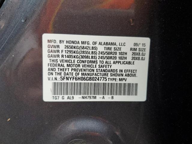 Photo 14 from auction – 2016 HONDA PILOT ELIT with VIN 5FNYF6H06GB024775