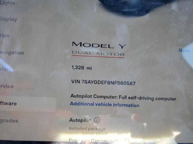 Photo 9 from auction – 2022 TESLA MODEL Y with VIN 7SAYGDEF8NF560587