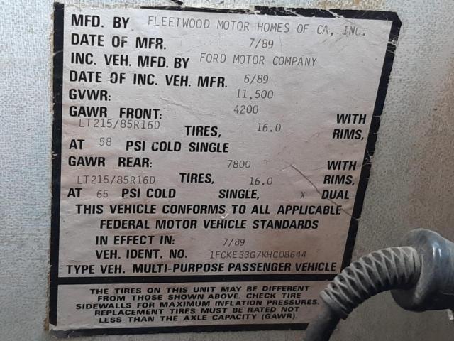 Photo 10 from auction – 1990 FLAI MOTORHOME with VIN 1FCKE33G7KHC08644