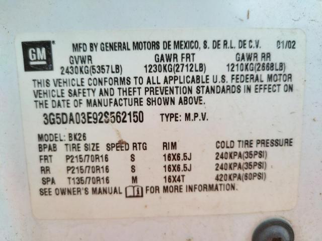Photo 14 from auction – 2002 BUICK RENDEZVOUS with VIN 3G5DA03E92S562150