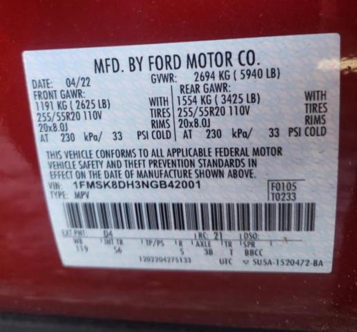 Photo 14 from auction – 2022 FORD EXPLORER X with VIN 1FMSK8DH3NGB42001