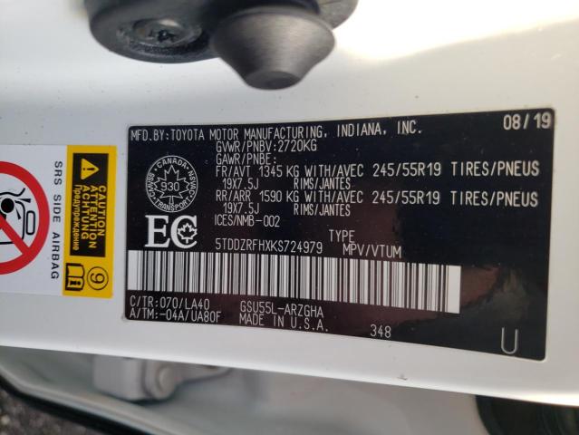 Photo 14 from auction – 2019 TOYOTA HIGHLANDER with VIN 5TDDZRFHXKS724979