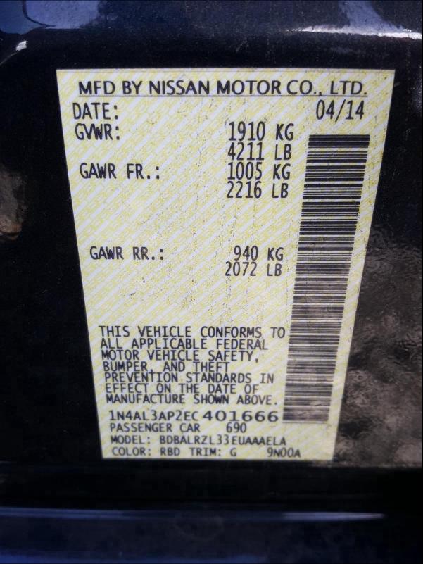 Photo 10 from auction – 2014 NISSAN ALTIMA 2.5 with VIN 1N4AL3AP2EC401666