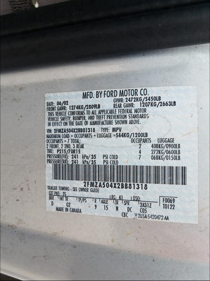 Photo 10 from auction – 2002 FORD WINDSTAR L with VIN 2FMZA504X2BB81318