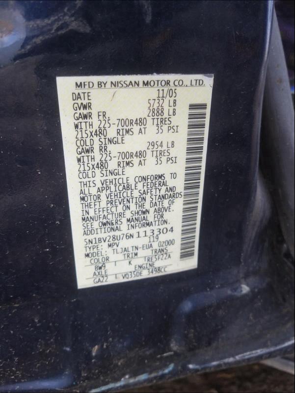 Photo 10 from auction – 2006 NISSAN QUEST S with VIN 5N1BV28U76N113304