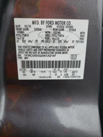 Photo 14 from auction – 2010 FORD ESCAPE XLT with VIN 1FMCU0DG2AKC52147