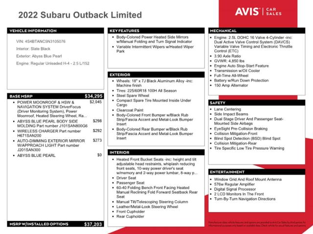 Photo 13 from auction – 2022 SUBARU OUTBACK LI with VIN 4S4BTANC5N3105076