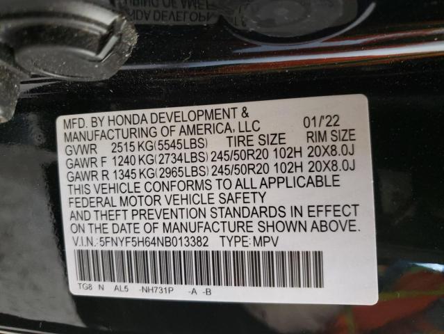 Photo 14 from auction – 2022 HONDA PILOT TOUR with VIN 5FNYF5H64NB013382