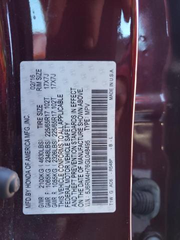 Photo 14 from auction – 2016 HONDA CR-V EXL with VIN 5J6RM4H76GL048495