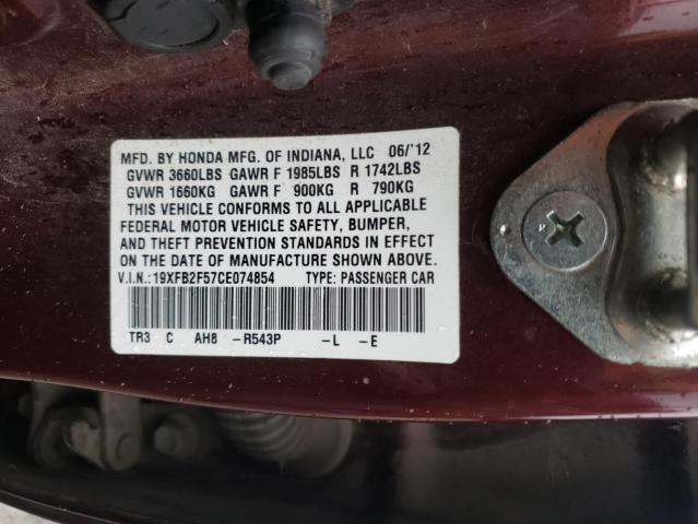 Photo 10 from auction – 2012 HONDA CIVIC LX with VIN 19XFB2F57CE074854