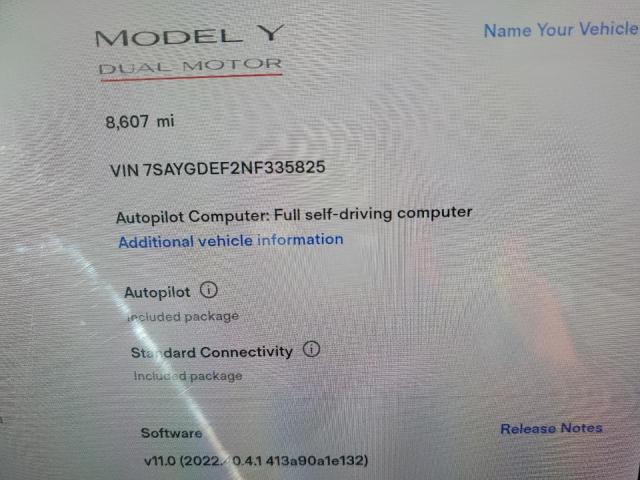 Photo 9 from auction – 2022 TESLA MODEL Y with VIN 7SAYGDEF2NF335825