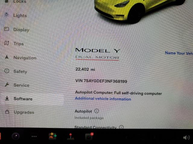 Photo 9 from auction – 2022 TESLA MODEL Y with VIN 7SAYGDEF3NF368199