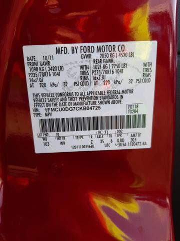 Photo 14 from auction – 2012 FORD ESCAPE XLT with VIN 1FMCU0DG7CKB04725