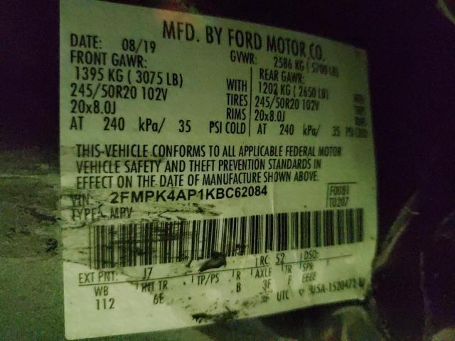 Photo 14 from auction – 2019 FORD EDGE ST with VIN 2FMPK4AP1KBC62084