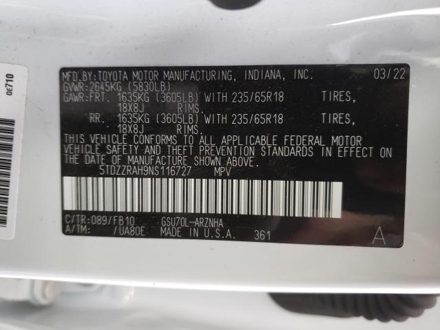 Photo 14 from auction – 2022 TOYOTA HIGHLANDER with VIN 5TDZZRAH9NS116727