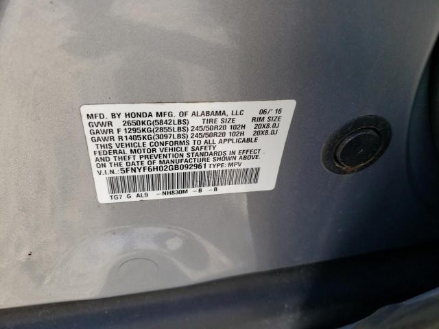 Photo 14 from auction – 2016 HONDA PILOT ELIT with VIN 5FNYF6H02GB092961